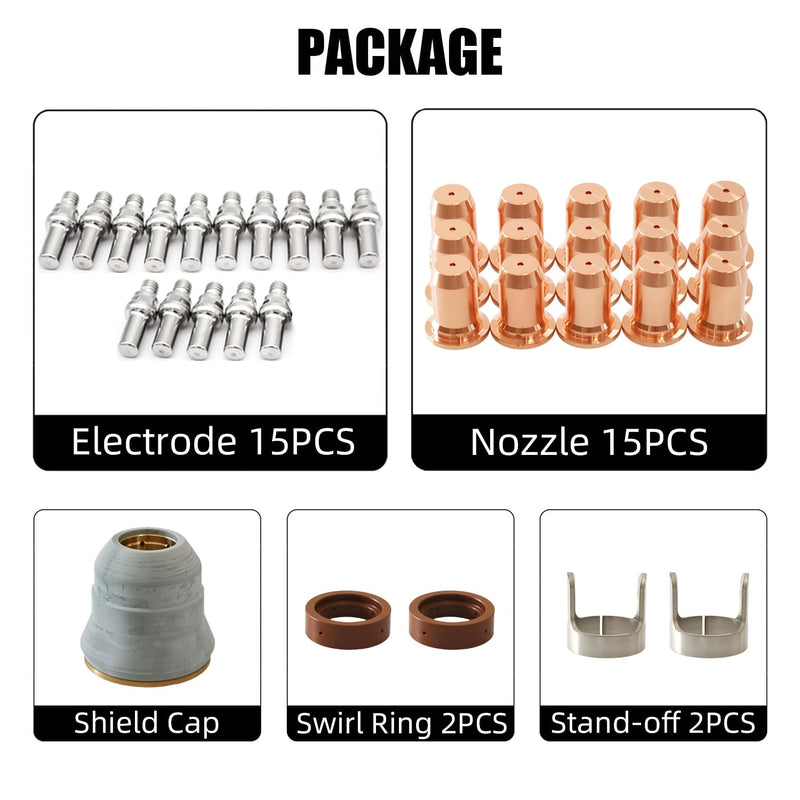 35pcs IPT-60 PT-60 IPT-40 PT40 Plasma Cutting Torch Tip 1.0mm 0.039'' Electrode Shield Cap Stand Off Swirl Ring 35pcs