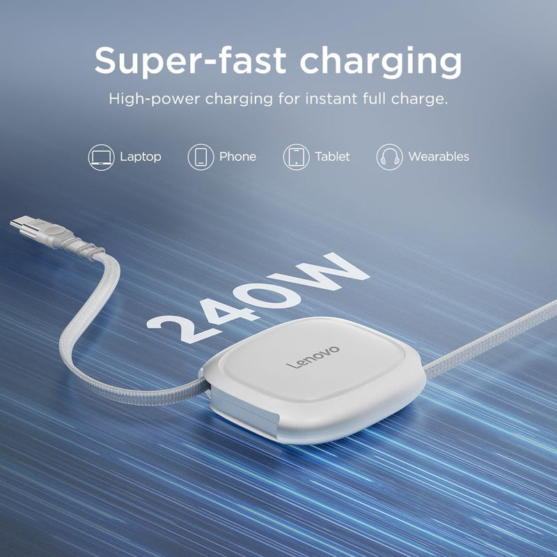 Lenovo 240W USB-C Retractable Cable, PD Fast Charging USB-C to USB-C, Smart Retractable Design, 1.2m (3.94 Ft), 480Mbps Data Transfer, Compact Portable Charger Cable for Laptop Tablet Phone, White