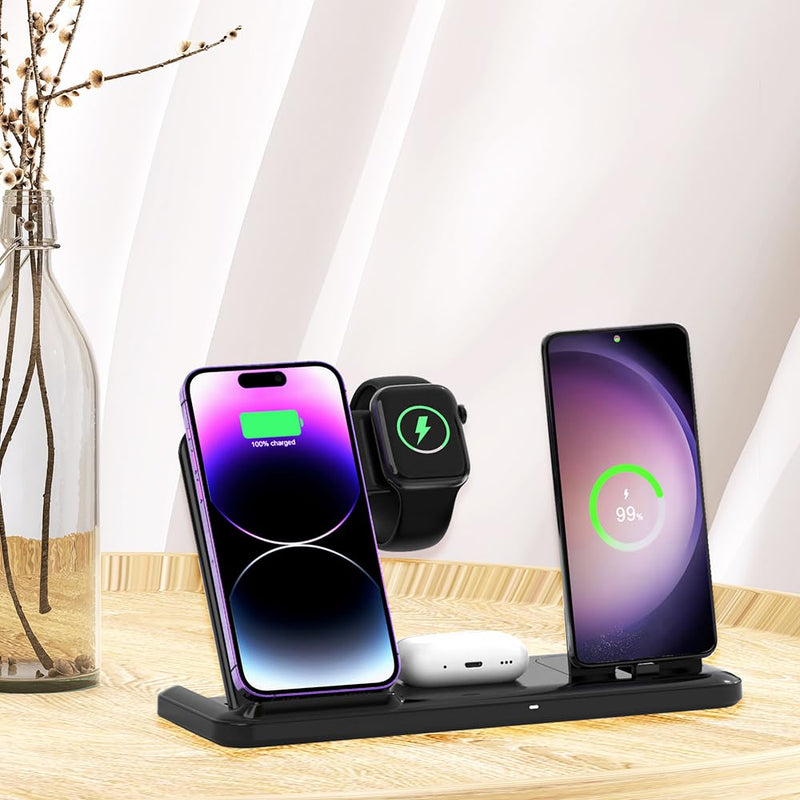 Wireless Charger for Dual iPhones, 4 in 1 Foldable Fast Charging Station for iPhone17/16/15/14/13/12 Pro Max Plus,for samsang Devices,Charging Stand for Apple Watch 11/10/9/8/2-7 AirPods Black