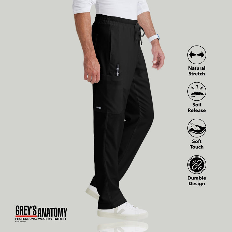 BARCO Grey's Anatomy Scrubs - Evan Scrub Pant for Men, Elastic Waist With Zip Fly, Straight Leg Men's Scrub Pant Large Black