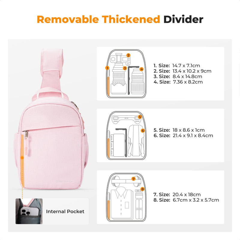 K&F CONCEPT Camera Sling Bag, Compact Crossbody Bag for DSLR Mirrorless | Lightweight Fabric, with Tripod Holder, Quick Access & Custom Dividers, Men & Women, for Sony Canon Nikon, Light Pink, BS06 Sling Bag-5L