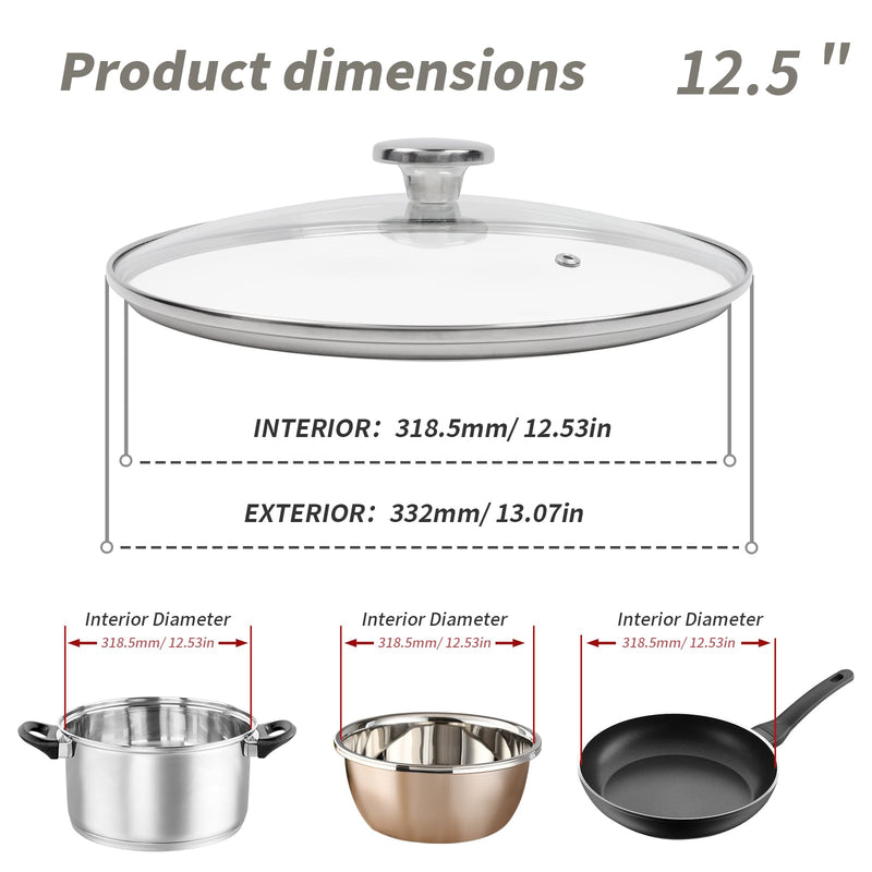 12.5" Tempered Glass Pan Lid with Steam Vent, Thickened to 4mm and Dishwasher Safe and Oven up to 480℉, Universal Lid Fit for Cast Iron Skillets, Frying Saute Pan, Cooking Pot 12.5 Inches Round and Silver