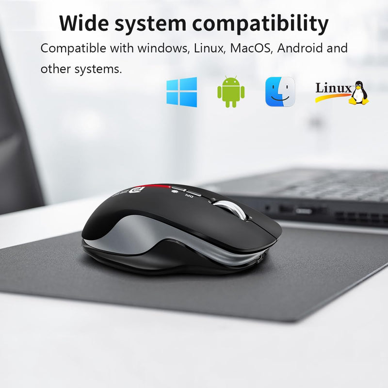 Wireless Ergonomic Mouse Bluetooth 2.4G Rechargeable | Ergonomic Grip, Silent Click, RGB Backlit, 5-Level DPI 1000-6400, USB-C Charging, Side Buttons, for PC/Laptop/Mac/iPad Black