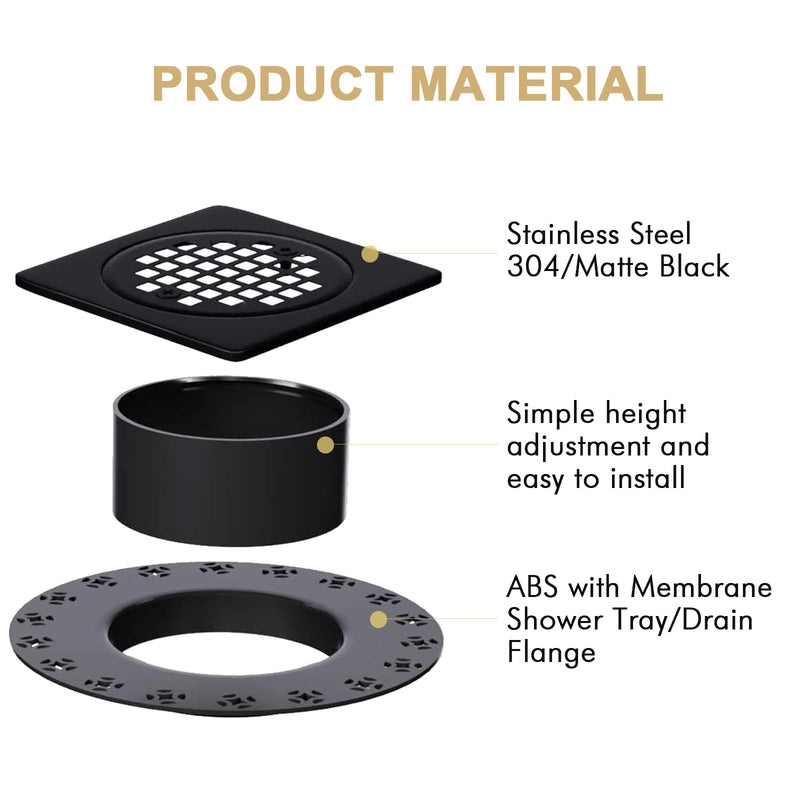 4” Drain Grate Kit - Compatible with Schluter Kerdi-Drain Flange - Shower Floor Drain Kit with Adjustable Collar - Removable Square Drain Set - SUS 304 Stainless Steel Grate - Matte Black 4 Inch Kit without Flange