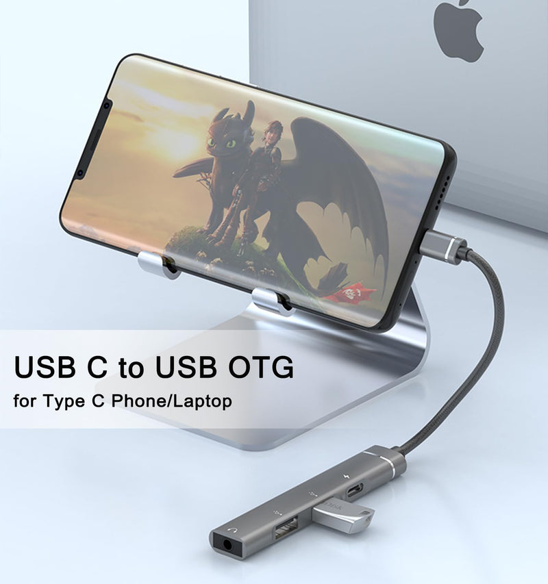 USB C Hub, 4 in 1 Aluminum USB C to USB OTG Adapter, USB C Splitter with 1 * 3.5mm Headphone Jack, 1 * 15W PD, 2 USB A Ports, USB C Hub Dongle for MacBook Air/Pro,XPS,iMac Mini,iPad Pro,More