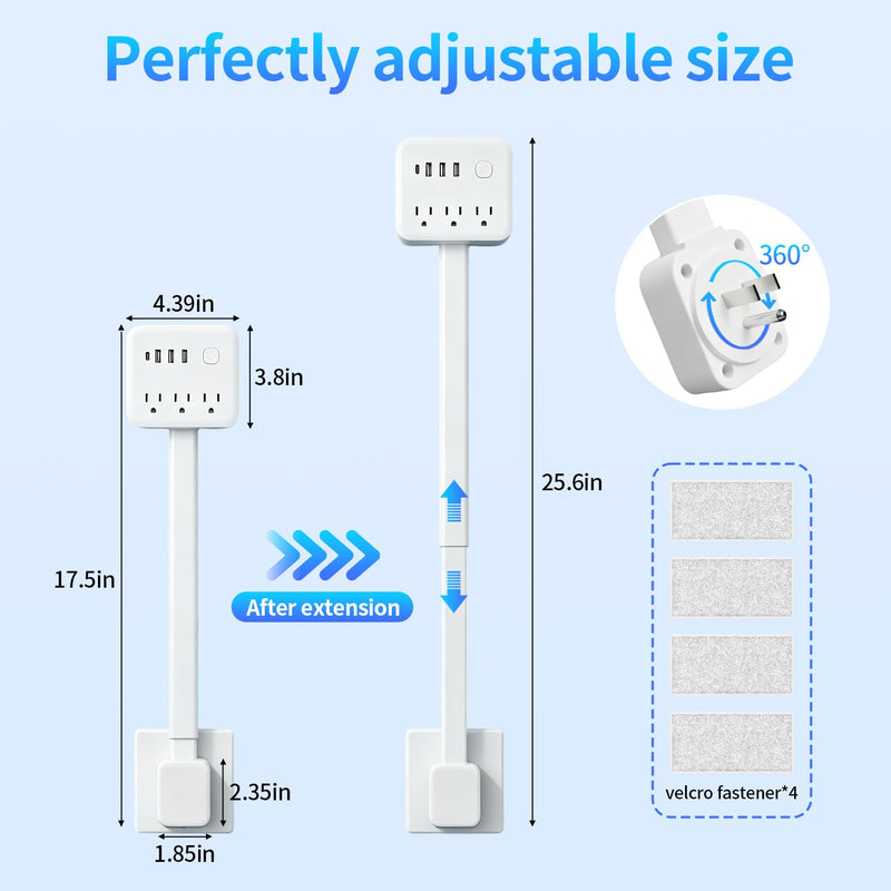 180° Rotating Outlet Extender Stick with 3 AC & 4 USB | Telescopic Extension, Behind Couch Space Saving, Surge Protector, 6-in-1 Multi Plug Wall Splitter Charging Station