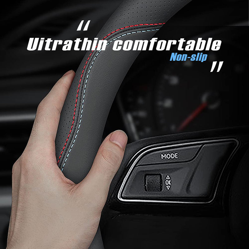 New Nappa Leather car Steering Wheel Cover, Universal 15 inch Black Black(red and Blue Signs)