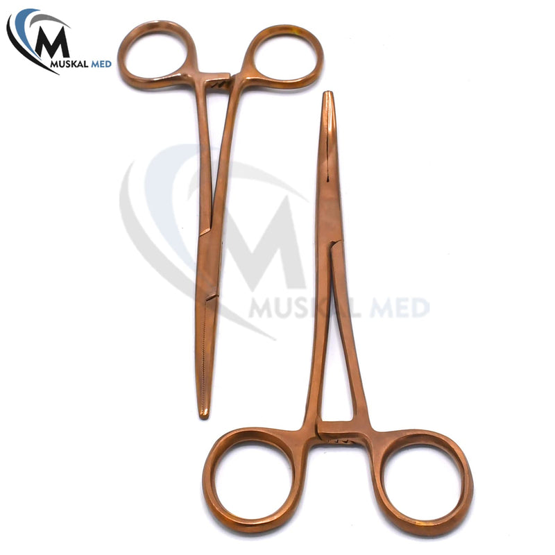 Set of 2 Curved & Straight 6.25" Hemostat Set (Rose Gold) - Stainless Steel Locking Tweezer Clamps - Ideal Hemostats for Nurses, Fishing Forceps, Crafts and Hobby