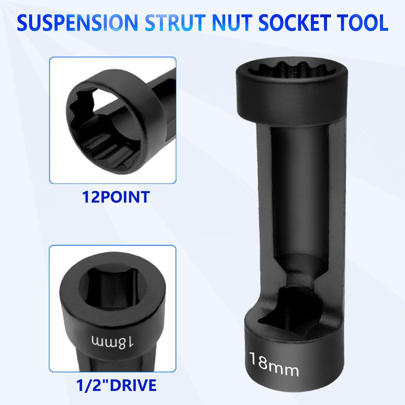 ZKTOOL 18MM Suspension Strut Socket Tool, Strut Nut Socket 16mm 18mm 19mm 21mm 22mm 24mm with 12 Point 1/2" Drive, Suspension Strut Nut Socket Remover and Installer Tool, 12Pt, VM Number 3353