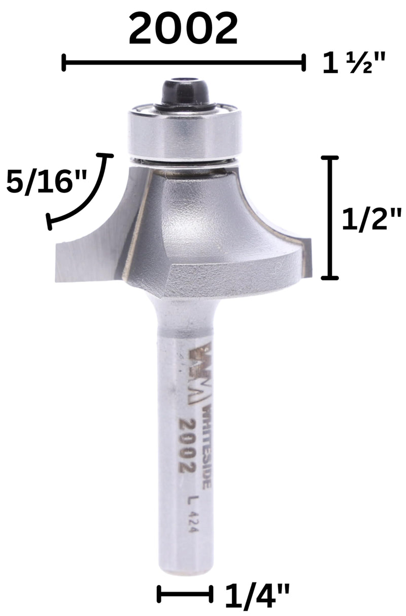 Whiteside 2002 Roundover Router Bit: 5/16 Inch Radius, 1-1/8 Inch Large Diameter, 1/4 Inch Shank, 1/2 Inch Cutting Length
