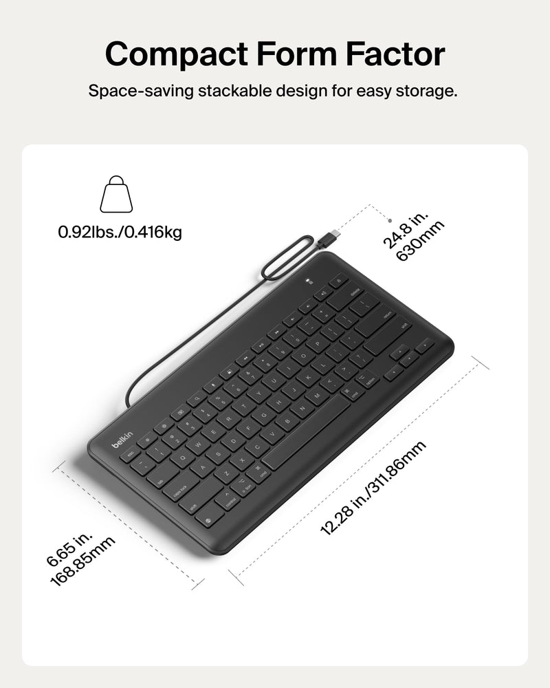 Belkin USB-C Wired Keyboard Full-Size, Plug & Play iPad A16/10th Gen | no batteries required, durable accessory, schools, offices, travel, full-size keys, classroom tablet