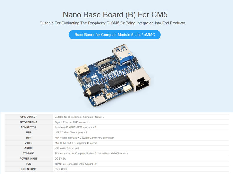 Nano Base Board for Raspberry Pi Compute Module 5 Lite/eMMC Series Board, Same Size as CM5, with CM5 Socket/40PIN GPIO Header/RJ45 Gigabit Eth/16PIN PCIe/HDMI/USB 3.2/Audio/MIPI Interface etc.