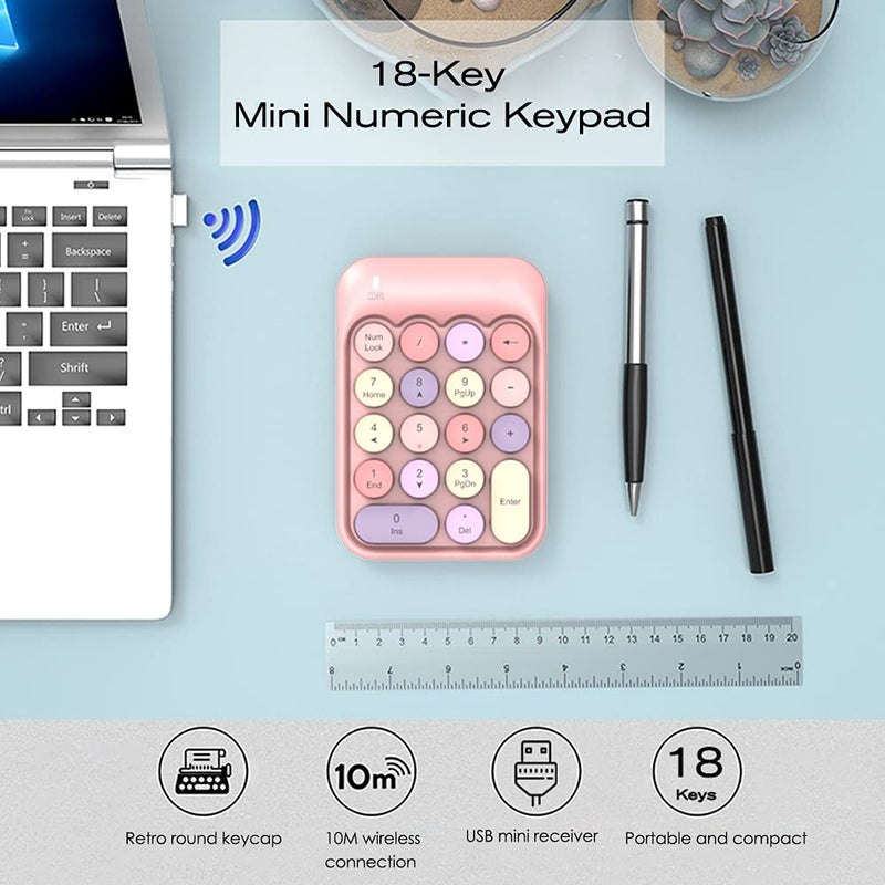 FELICON Wireless Numeric Keypad 18 Keys with 2.4G Mini Portable Silent Number Pad USB Receiver Financial Accounting Keyboard Extensions for Laptop Desktop PC Pro（Pink Mix） Pink Mix