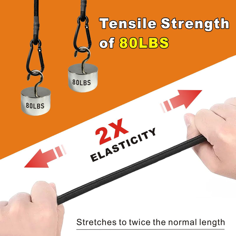 Bungee Cords with Carabiner Hooks Heavy Duty, Outdoor Black Bungee Straps, Strong Industrial Grade Elastic Bungee Rope for Securing Tarps, Luggage, Tents，Bikes, 12in + 24in + 48in，8pcs