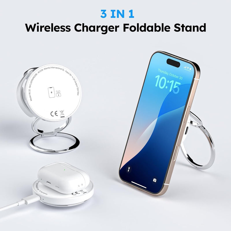Wireless Charger Stand, Foldable Magnetic 3 in 1 Charging Station for Multiple Devices, Phone Stand and Holder,Compatible with iPhone 13~17 Series