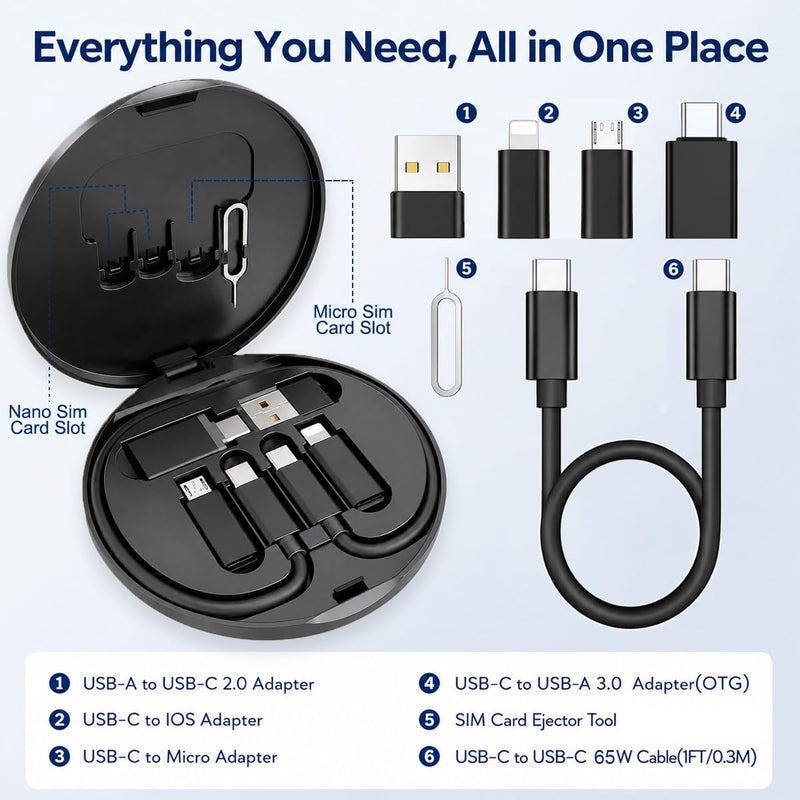 6 in 1 USB C Charging Adapter Travel Kit, USB C to USB 3.0 OTG, Type C to iOS Connector Box with 1Ft 65W Fast Charging Cable, Type-C to Micro USB Converter, SIM Eject Pin & Card Storage, Data Transfer Black