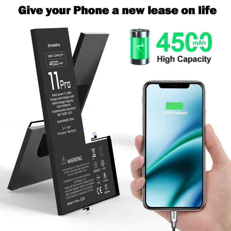 EFAITHFIX 4500mAh Upgraded Replacement Battery Compatible with iPhone 11 PRO, High Capacity New 0 Cycle A+ Battery Replacement for iPhone 11 PRO, Model A2160 A2217 A2215 with Complete Repair Tool Kit 11 PRO-4500