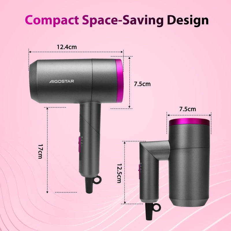 Aigostar Foldable Ionic Hair Dryer 1800W, Portable Travel Blow Dryer with Concentrator & Storage Bag, 2 Heat Settings & Cool Shot, Compact Lightweight Hairdryer for Home, Gym & Holiday - Diane Grey/Rose Pink(foldable)