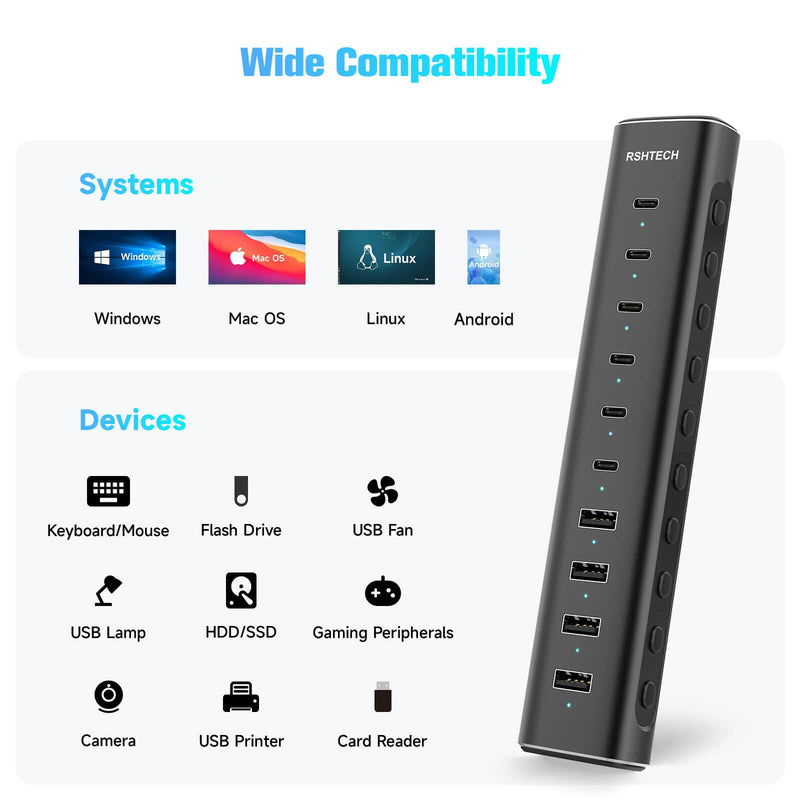 RSHTECH 10-Port Powered USB C 3.2 Hub 60W with 10Gbps USB 3.2 Ports(6C+4A) | Individual ON/OFF Switches, 3.3ft Detachable Cable, Aluminum USB Extender Hub for Laptop PC, RSH-H10C6