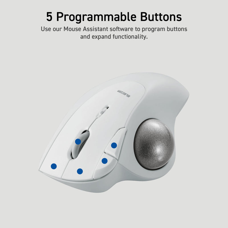 ELECOM Ergonomic Comfort Design Trackball IST Wireless 2.4GHz Connect, Super-Smooth Tracking with Roller Ball Bearing, 36mm Ball, Thumb Control, Compatible for Windows, PC, and Mac White (M-IT11DRWH) USB-Wireless