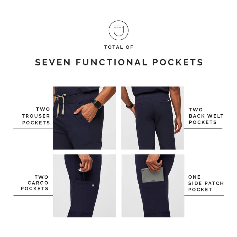 FIGS Axim Cargo Scrub Pants for Men — Classic Fit, Straight Leg, 7 Pockets, 4-Way Stretch, Anti-Wrinkle Regular Medium Navy Blue