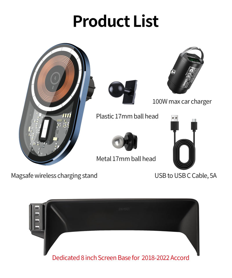 Wireless Charging car Phone Holder for Honda Accord 2018-2022 Accessories 8 inch Screen Fixed Clip,360° Rotation car Phone Mount Compatible with MagSafe