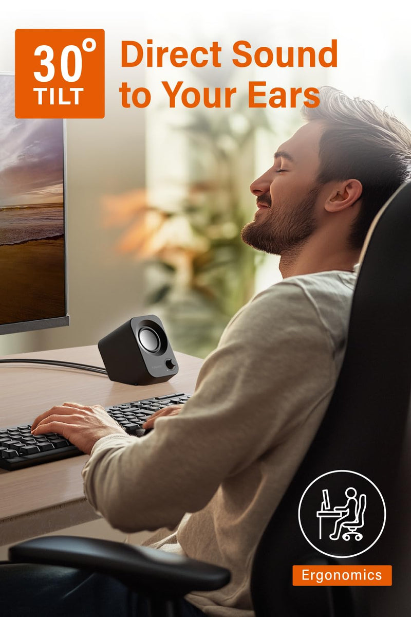Speaker - 14W Stereo PC Speakers, USB Powered, Compact Size with 30° Tilt Design, Volume Dial Control, for Desktop, Laptop, Monitor, Gaming Consoles, Black