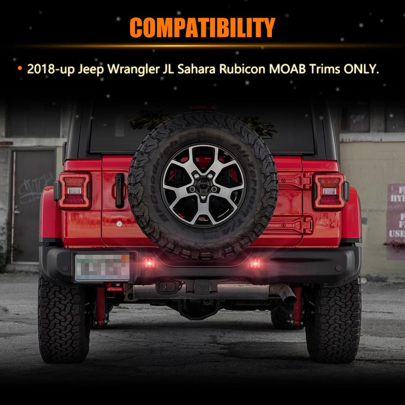 LED Rear Bumper Reflector Light for Je-ep 2018-up Wrangler JL Sahara Rubicon MOAB Trims ONLY, Smoked Lens 40-SMD Red LED Tail Brake Rear Fog Lamps Reflector Light Kit, 2 PCS