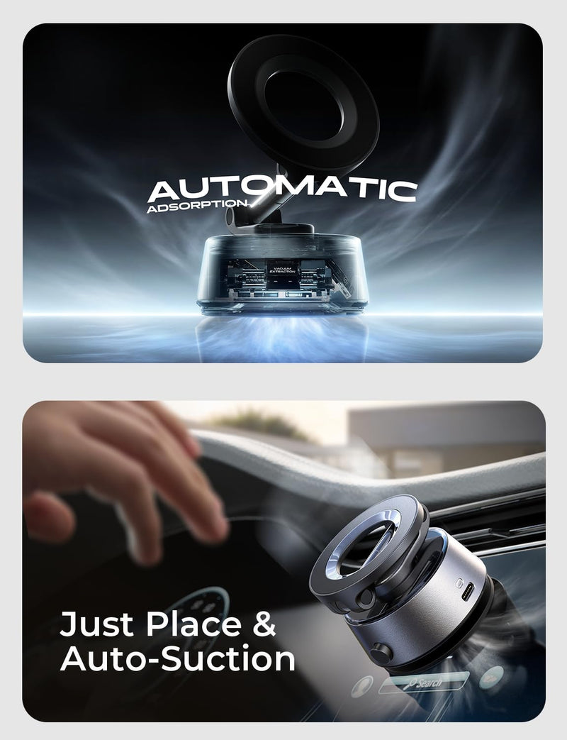 LISEN SuctionPro Vacuum Magnetic Phone Holder Electric Content Creator Phone Holder 360 Adjustable MagSafe Suction Cup Car Phone Mount fit Video Recording for iPhone 17 Pro Max Air 16 15 14 13 Black