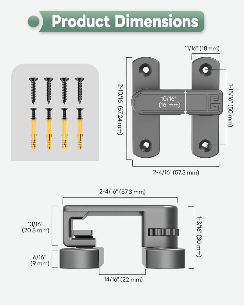 Adjustable Barn Door Locks, 90/180 Degree Sliding Door Latch, Protect Home Security Gate Latch for Bedroom, Barn, Cabinet, Garden, Fence (Grey-2 Pcs) Grey-2 Pcs