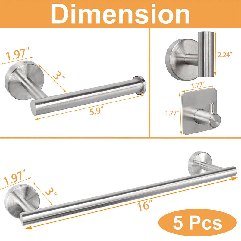 TocTen Bathroom Hardware Set, Thick Stainless Steel Bath Towel Bar Set Including Towel Rack for Bathroom+Toilet Paper Holder+3 Robe Towel Hooks Wall Mount Bathroom Accessory Set(16IN,Brushed Nickel) Brushed Nickel-16 In-thick-5 Pcs