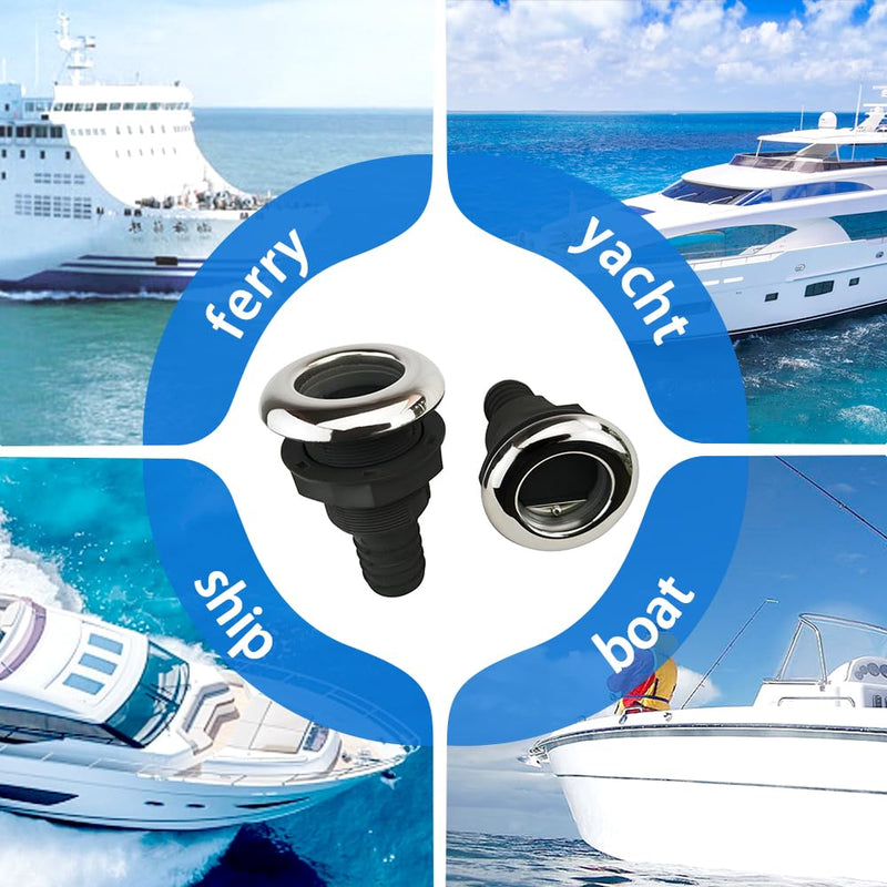 2Pcs Boat Plastic Thru Hull Grey Nylon Join 1 ½-Inch Scupper Valve,Top Cover 316 Stainless Steel Cover,and Equipped with A Water Baffle
