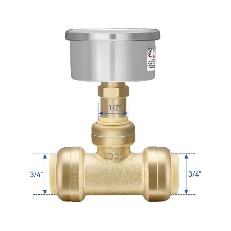Push-to-Connect 2” Liquid Filled Pressure Gauge, 3/4 inch Pressure Gauge Tee