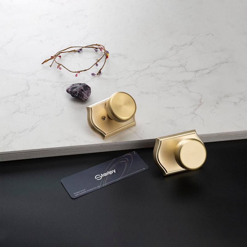 Brushed Gold Door Knob with Push Lock for Privacy Bath & Bedroom, Pismo Knob with Zinc Camelot Trim, Flexible Turning & Easy Release Lock 1 Brushed Gold