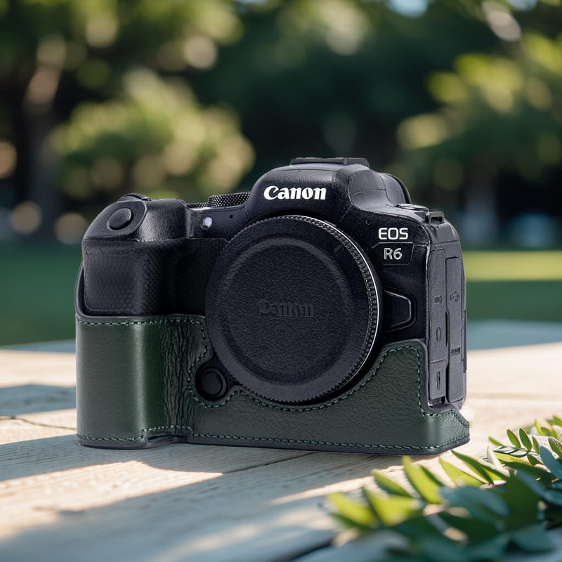 for Canon EOS R6/R6II Camera Case,Handmade Genuine Real Leather Half Camera Case Bag Cover for Canon EOS R6/R6II Camera Bottom Opening Version + Hand Strap (Vintage Green) Vintage green