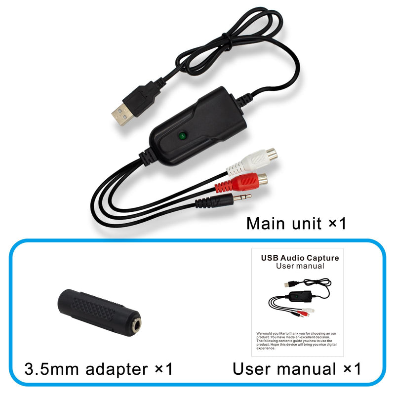 USB Audio Capture Card Grabber for Window 10/11/8/7 / 2000/XP and Vista, Seven，Audio Grabber for Vinyl Cassette Tapes,MD, Phono to Digital MP3 Converter from 3.5mm and R/L Audio Connector