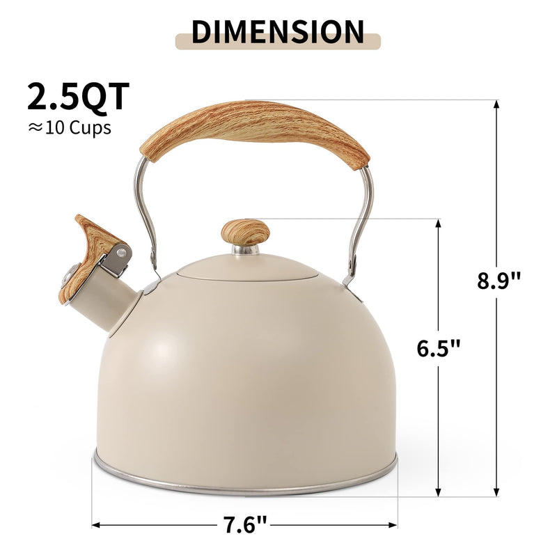 LONFFERY Tea Kettle for Stove Top, 2.5 Quart Whistling Tea Kettle, with Food Grade Stainless Steel and Wood Pattern Folding Handle, Creamy White Creamy White - 2.5 QT