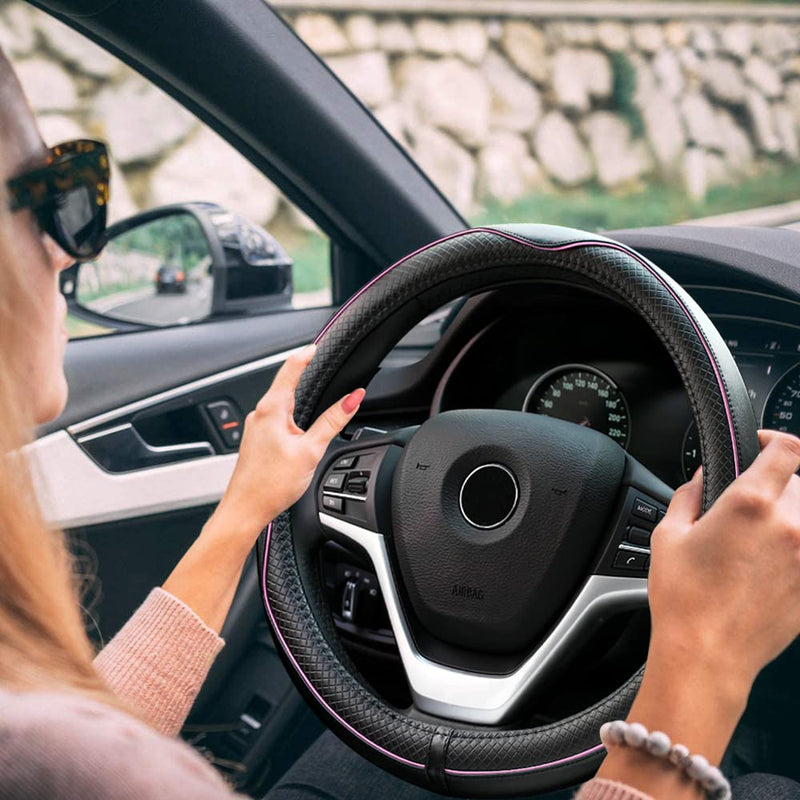 Rueesh Microfiber Leather Steering Wheel Cover Anti-Slip Matte Finish Auto Car Wheel Cover Universal 15 Inch Wheel Cover for Car Embossing Pattern (Pink Line) M (14.5"-15" Diameter) Pink Line