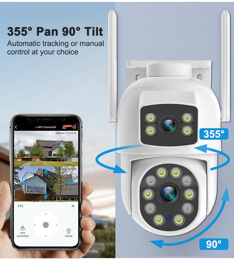 EVERSECU Dual Lens Linkage 6MP WiFi PTZ Security Camera Outdoor, 360° View, Auto Tracking, Motion Detection, Color Night Vision, 2-Way Audio, Compatible with Alexa Single