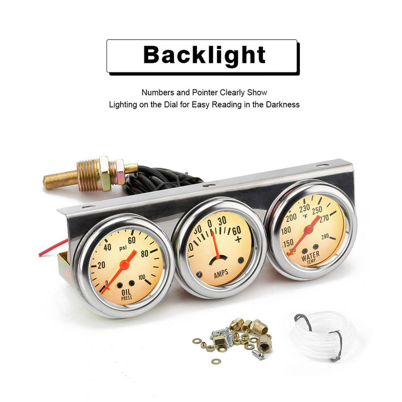2'' 52mm Universal Chorme 12V DC Car Triple Gauge Kit Psi Oil Pressure Gauge Fahrenheit Water Temperature Temp Gauge Ammeter Gauge Set White Face Car Meter