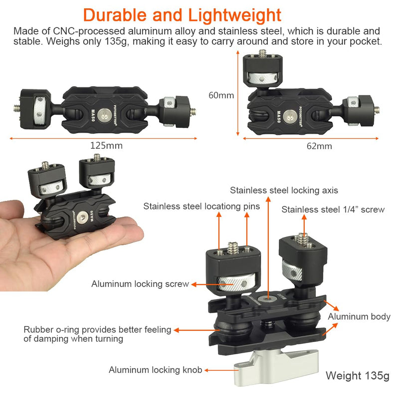 Articulating Magic Arm with 1/4"-20 Screws (with Retractable Locating Pins for ARRI), Flexible Articulating Arm Camera Field Monitor Mount with Dual Ball Heads for Camera Cage