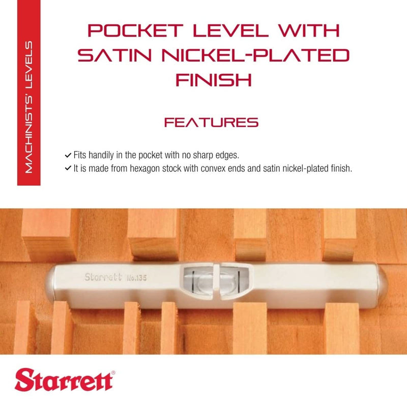 Starrett Pocket Level with Main Vial - Ideal for Machine Shop and Tool Room Use - 2-1/2" Length, Satin Nickel-Plated Finish, Hexagon Stock with Convex Ends - 135A 2-1/2"