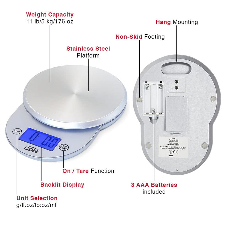 CDN ProAccurate® Digital Kitchen Scale 11 lb. Capacity, Backlit Easy-to-Read Display, Stainless Steel - Perfect for Precise Food Weighing, Baking, and Meal Prep (SD1104-S) Silver