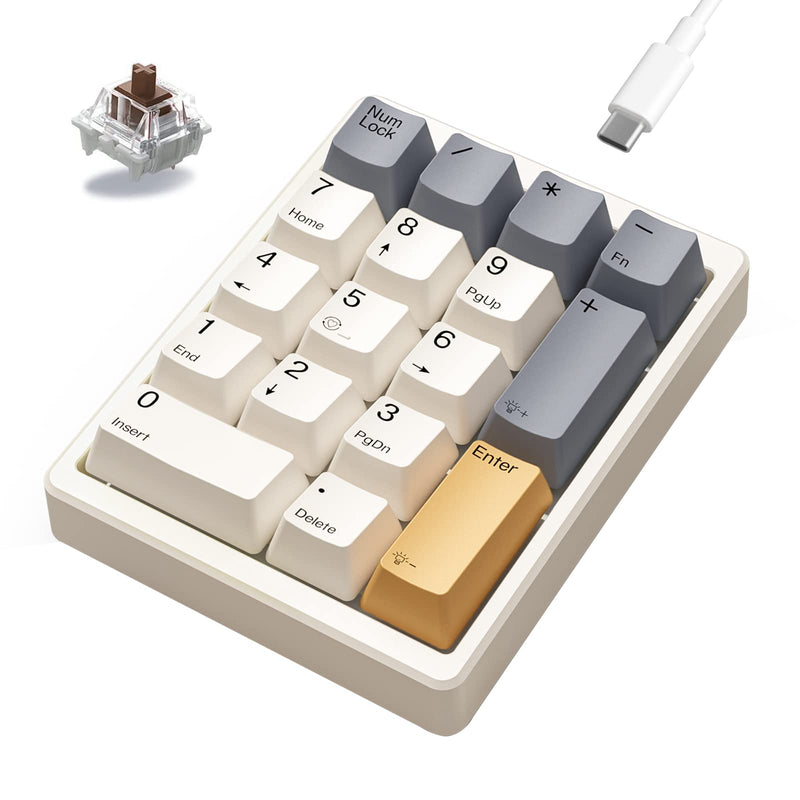 Number Pad, Mechanical Numpad Wired USB Standard 17 Keys Numeric Keypad with PBT Keycaps White Backlit Keypad for Laptop PC TKL Keyboards (Brown Switch) Brown switch