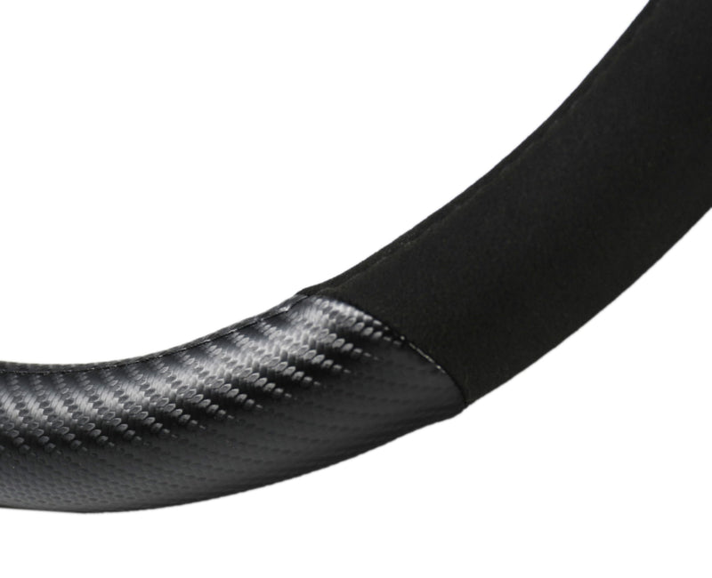 Carbon Fiber + Leather Steering Wheel Cover with Sporty Red Top Stripe, Non-Slip and Sweat Absorbent Universal fit All 14 ½ to 15 inches SW for Most Car SUV Pickup carbon pattern+black leather+ red circle