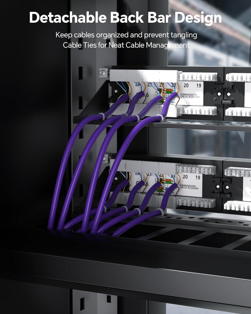 VCELINK 24-Port CAT6 Unshielded Patch Panel with Dust Cover, 1U RJ45 Rackmount Panel with Detachable Cable Management Bar for CAT5/5E/6 Cabling