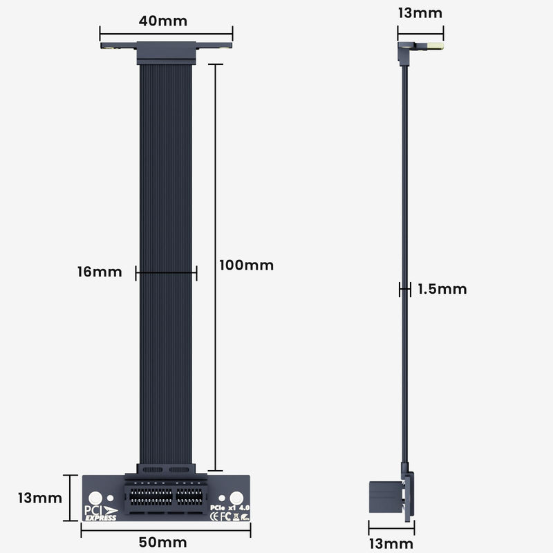 PCIe 4.0 X1 Riser Cable, 100mm 90° Male to 90° Female, for WiFi, M.2, USB and Sound Cards 10CM
