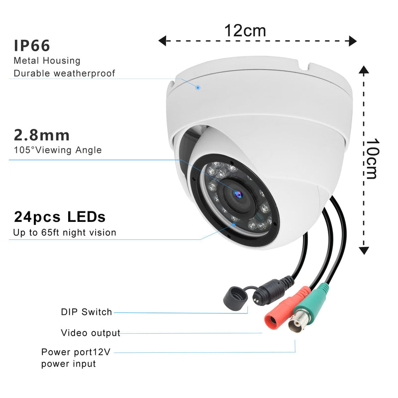 2MP Analog CCTV Camera 1080p 4-in-1 (TVI/AHD/CVI/960H Analog) Dome Security Cameras Outdoor Indoor, 2.8mm Lens, ICR, 24pcs LEDs, IR Night Vision, 105° Wide Angle, Full Metal Housing