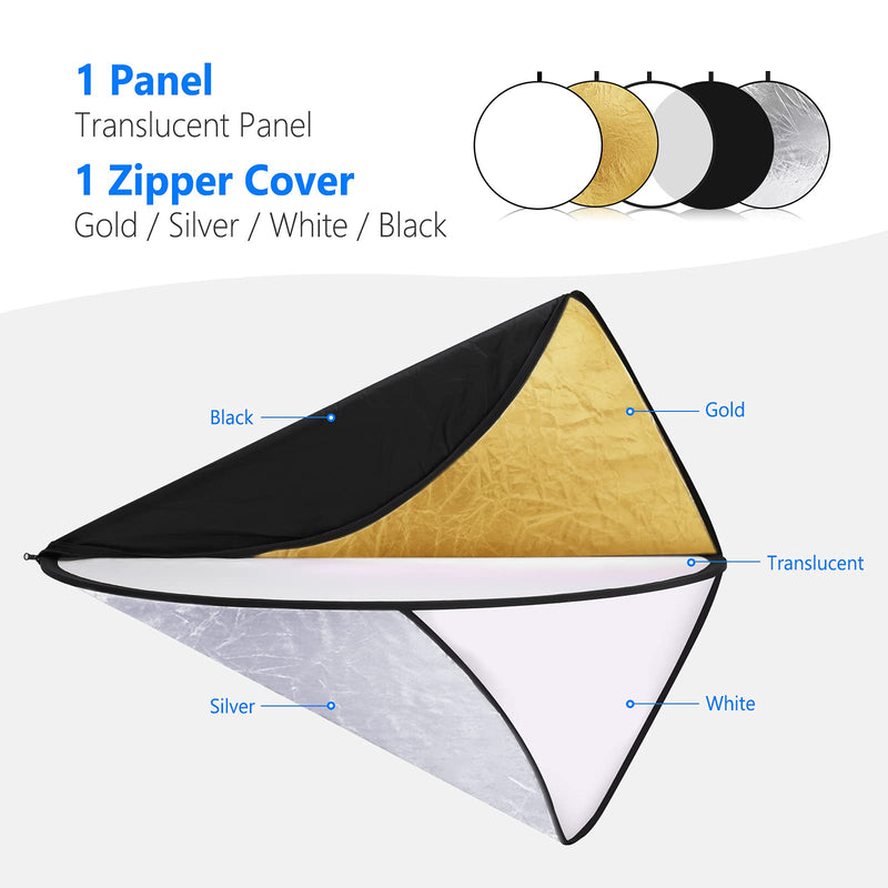 NEEWER 22 Inch/60 Centimeter Light Reflector Light Diffuser 5 in 1 Collapsible Multi Disc with Bag - Translucent, Silver, Gold, White, and Black for Studio Photography Lighting and Outdoor Lighting 60cm