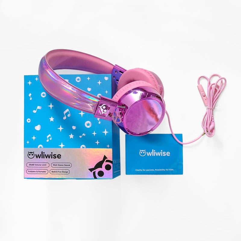 Owliwise Kids Headphones for School Travel, Safe 85/94dB Volume Limiter, HD Microphone, Over-Ear Foldable Headphones for Kids, Boys Girls, 3.5mm Wired for iPad Cord Tablet Computer, Aura Series Pink